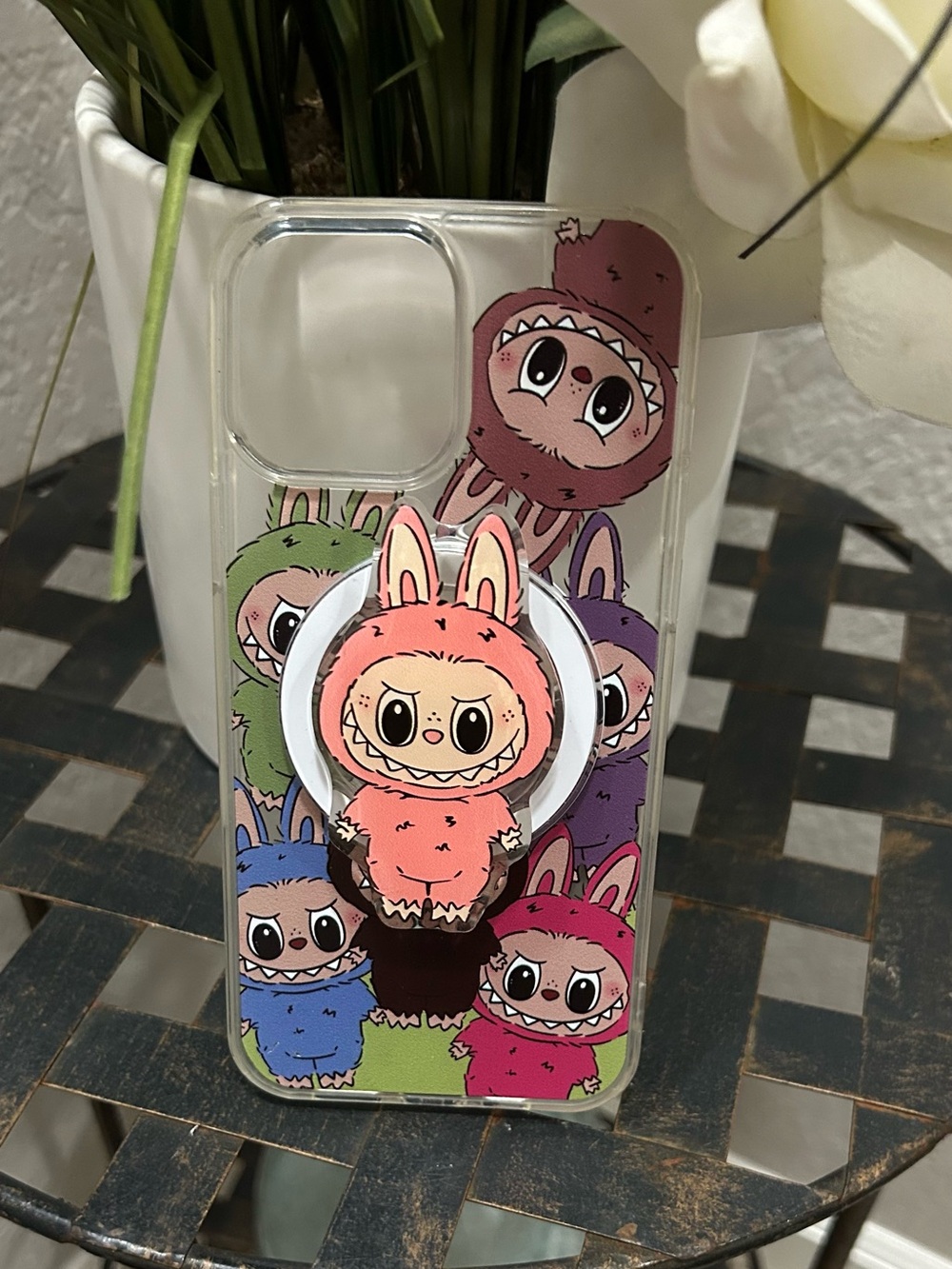 Multicolor Labubu Phone Case with Pink Pop Grip